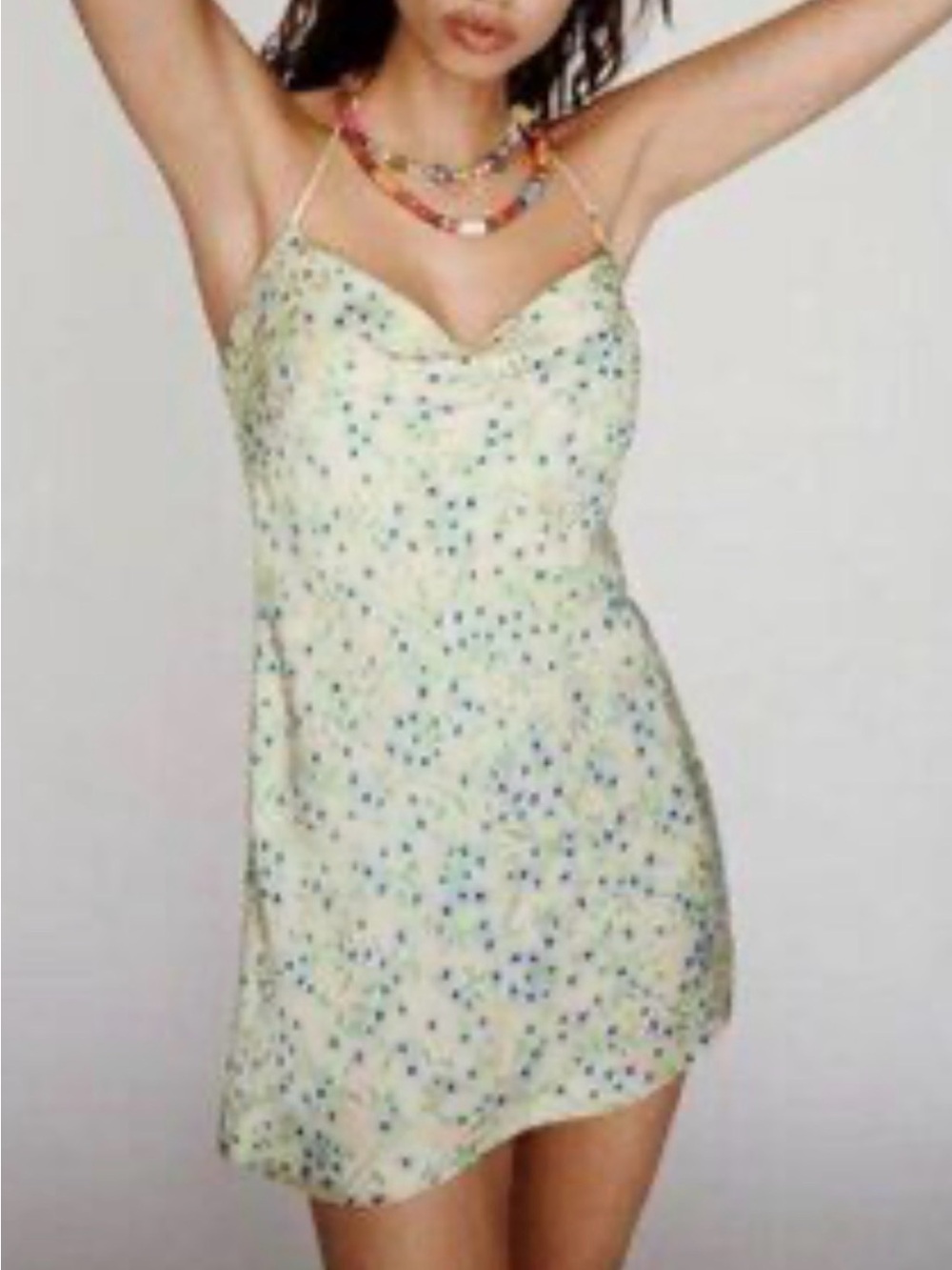 Zara cream blue floral cowl neck slip mini dress size S